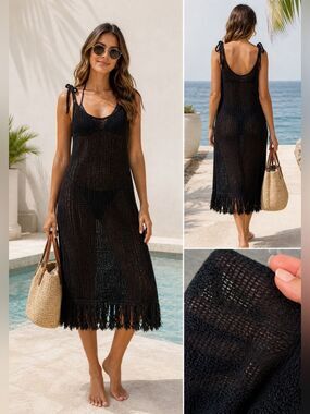 America & Beyond Black Knit Cover Up Dress Sz Medium